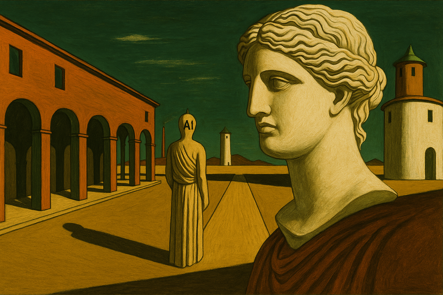 Surreal oil painting in the style of Giorgio de Chirico featuring a classical bust, an AI figure in a toga, and a desolate architectural plaza under a greenish-blue sky.