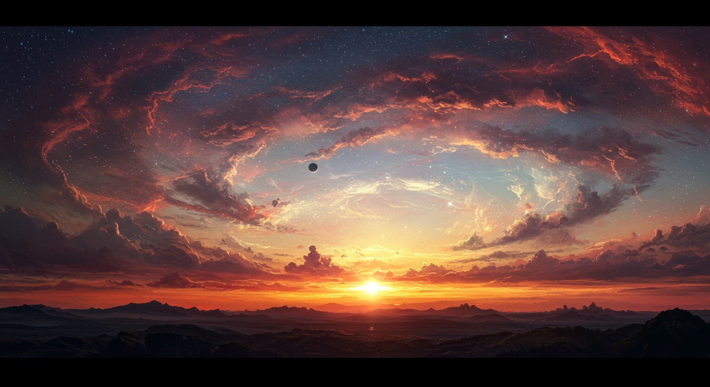 A digital painting of a fantastical alien landscape at sunset. A bright sun glows on the horizon behind a dark mountain range, while the sky above is filled with swirling red and orange clouds that open to reveal a star-filled cosmos with planets.