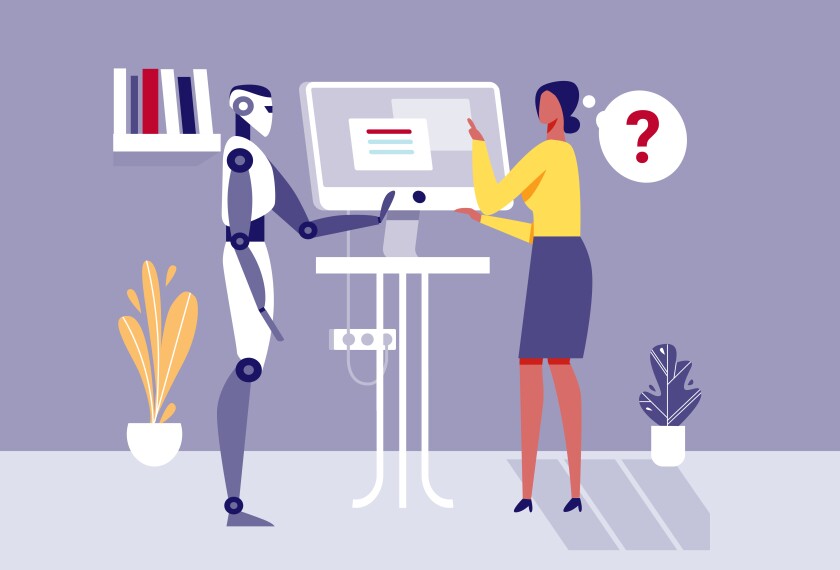 “Illustration of a human learner and a robot standing together at a computer, discussing information on the screen.”