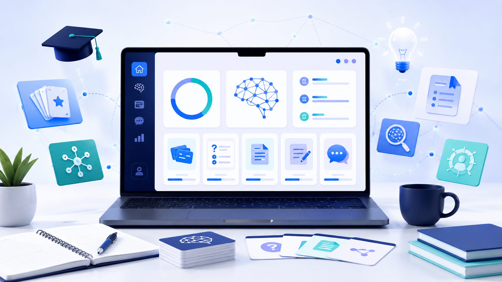 AI study tools represented by a learning dashboard, flashcards, quizzes, notes and knowledge-management icons