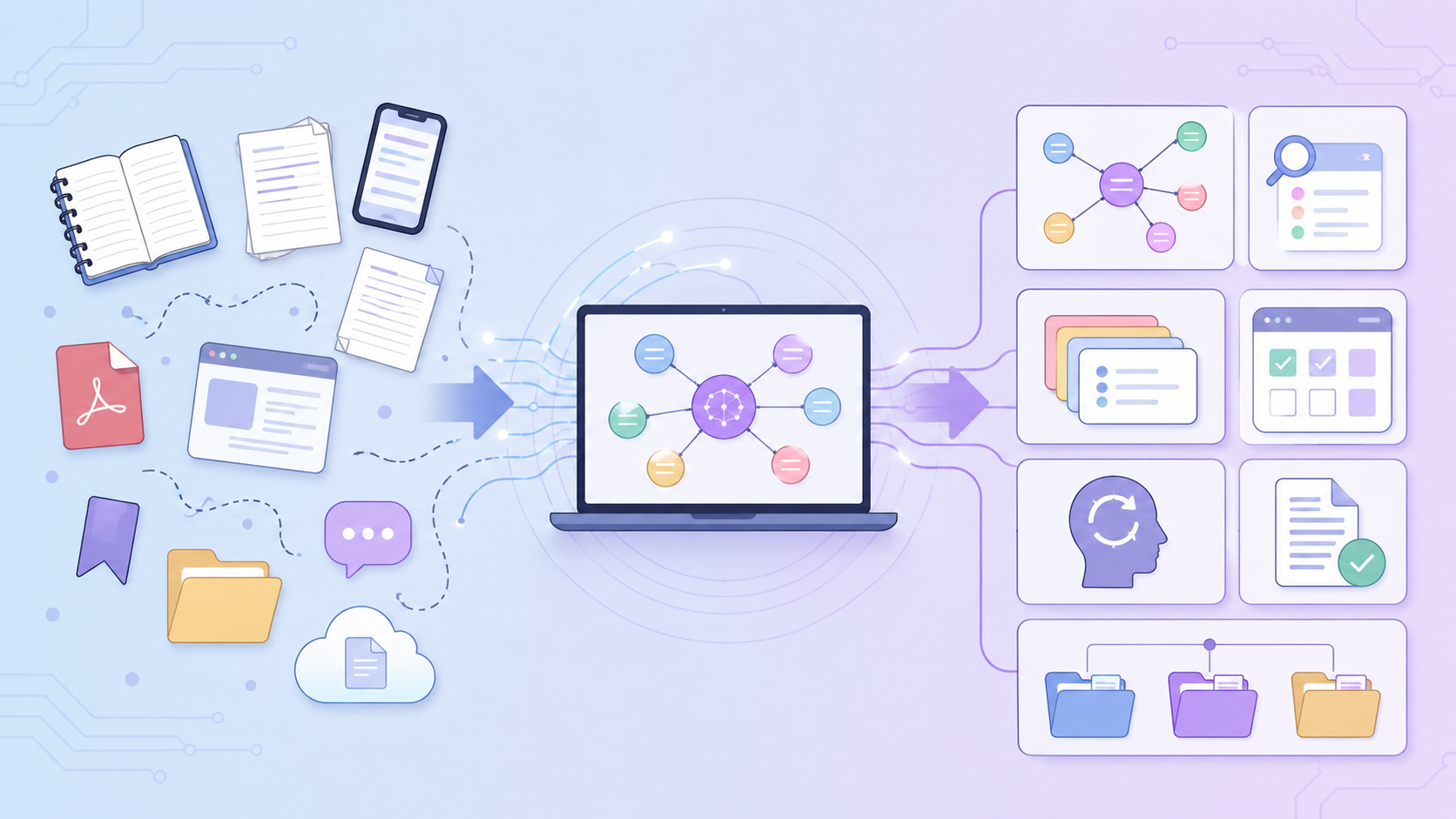Illustration showing scattered study materials such as notes, PDFs, folders and messages being organised into a connected digital knowledge system.