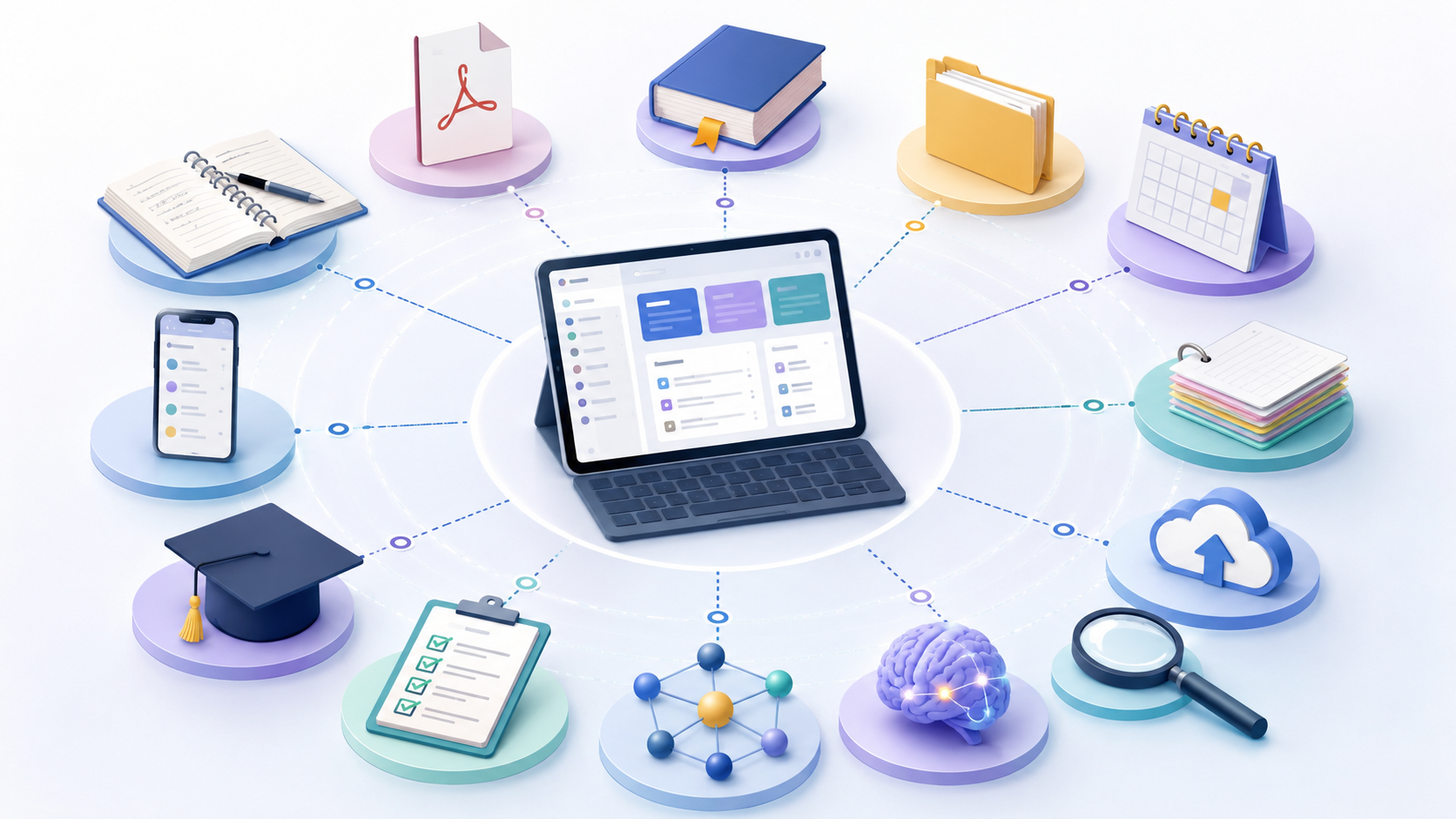 University notes, books, files, research materials and study tools connected to a central digital personal knowledge hub.