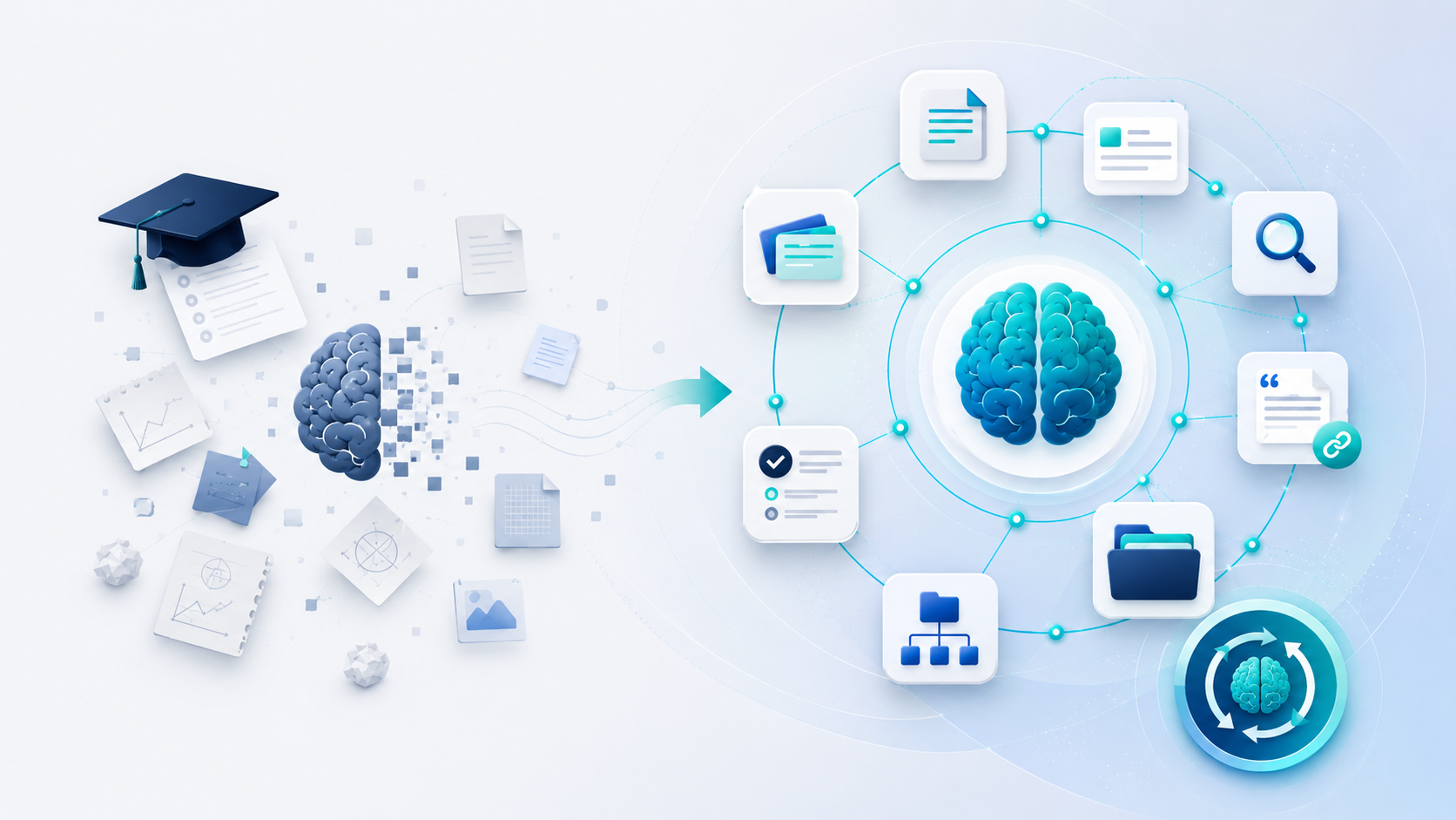 Scattered study notes and fading knowledge transform into a connected learning system with organised resources, search, quizzes and long-term memory tools.