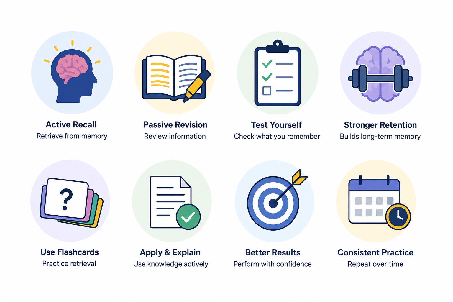 Icons comparing active recall and passive revision techniques, including self-testing, flashcards, memory retention and spaced practice.