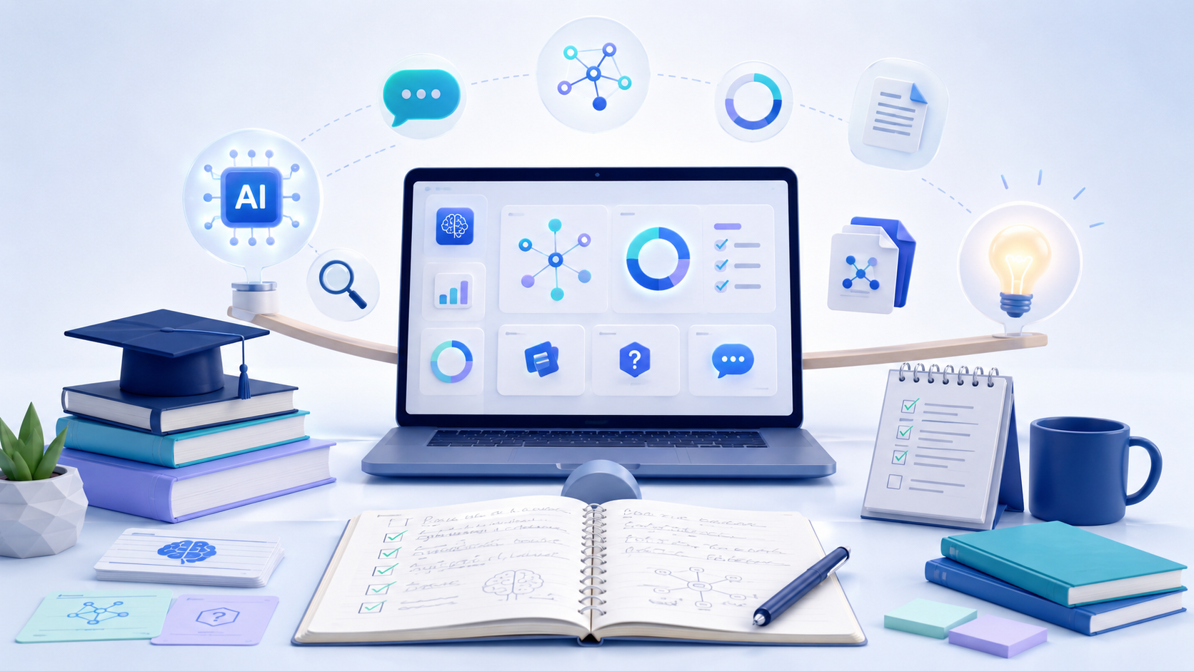 Balanced study workspace showing AI learning tools alongside notebooks, flashcards, books and independent study activities