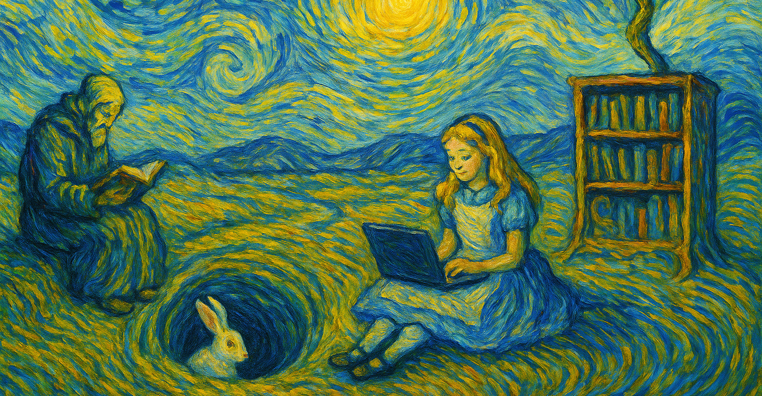 Surreal painting of Alice in Wonderland holding a laptop in a Van Gogh-style landscape, with a rabbit entering a nearby rabbit hole—symbolizing the digital age of knowledge.